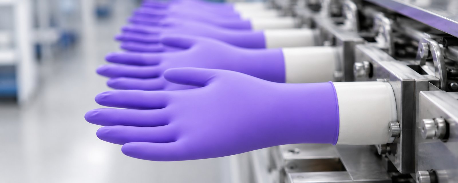 Purple NBR gloves on formers in a glove dipping line